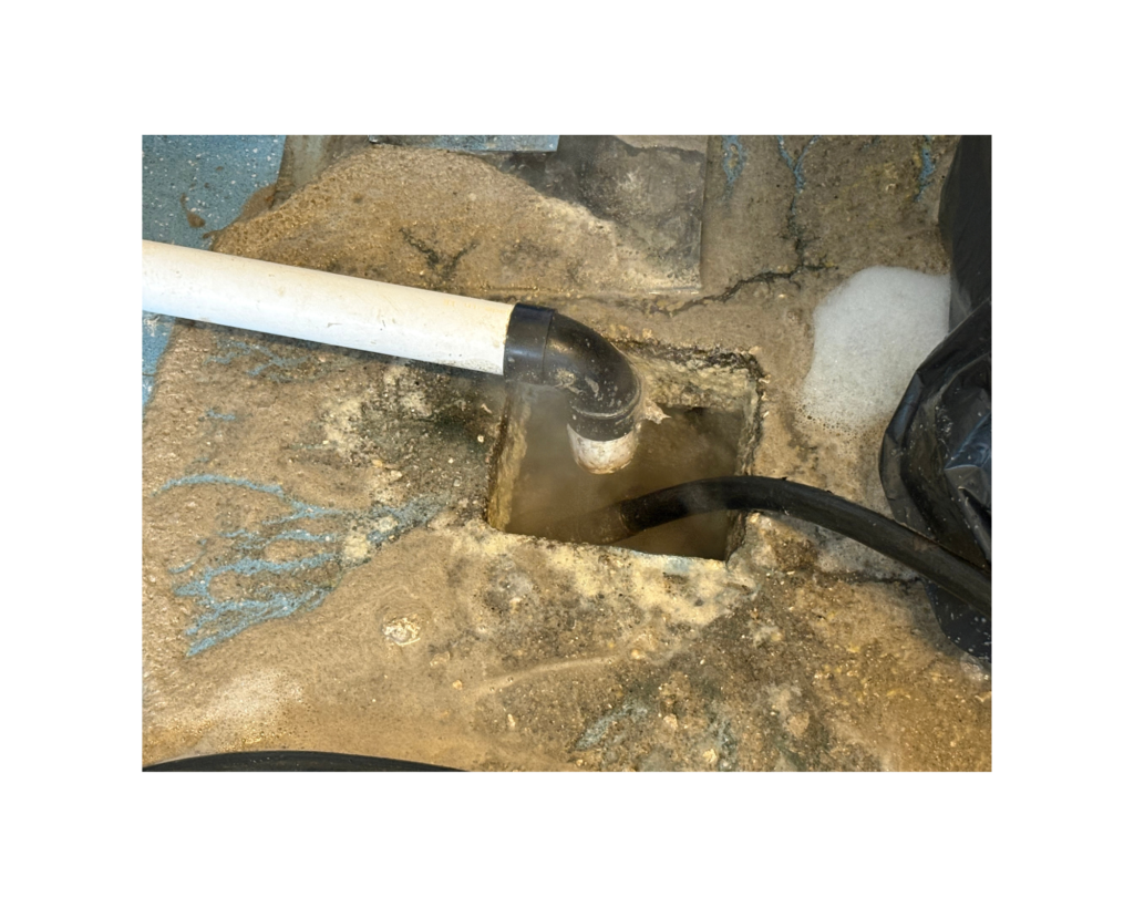 Fat and grease coming up from a floor drain in a commercial kitchen.